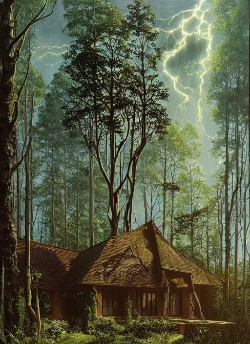 Image similar to hyper realistic witchy modern house with mood lighting and tech in the woods gorgeous lighting, sunbeams blue sky, highly detailed, lush forest foliage painting by zdzisław beksinski and norman rockwell and greg rutkowski weta studio, and lucasfilm