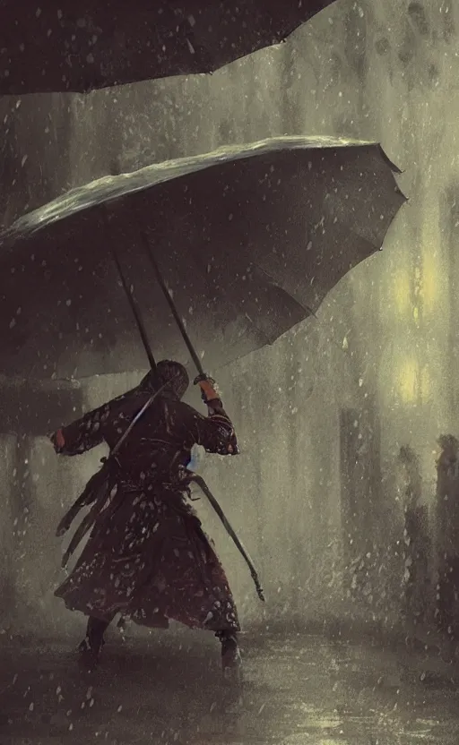 Image similar to samurai in rain, arcane, by fortiche, by greg rutkowski, esuthio, craig mullins, wlop