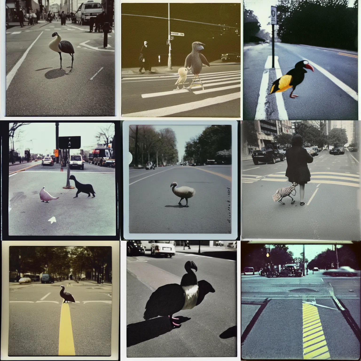 Prompt: Dodo crossing a crosswalk, polaroid