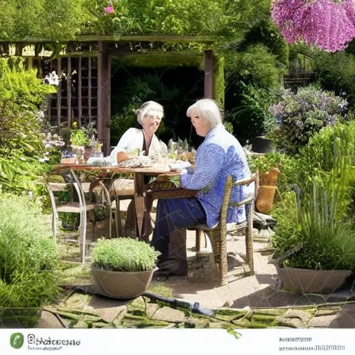 Prompt: man and woman sitting at table in garden. on the table there is beer and wine. the sun shines. folk horror. detailed. clematis. arbour