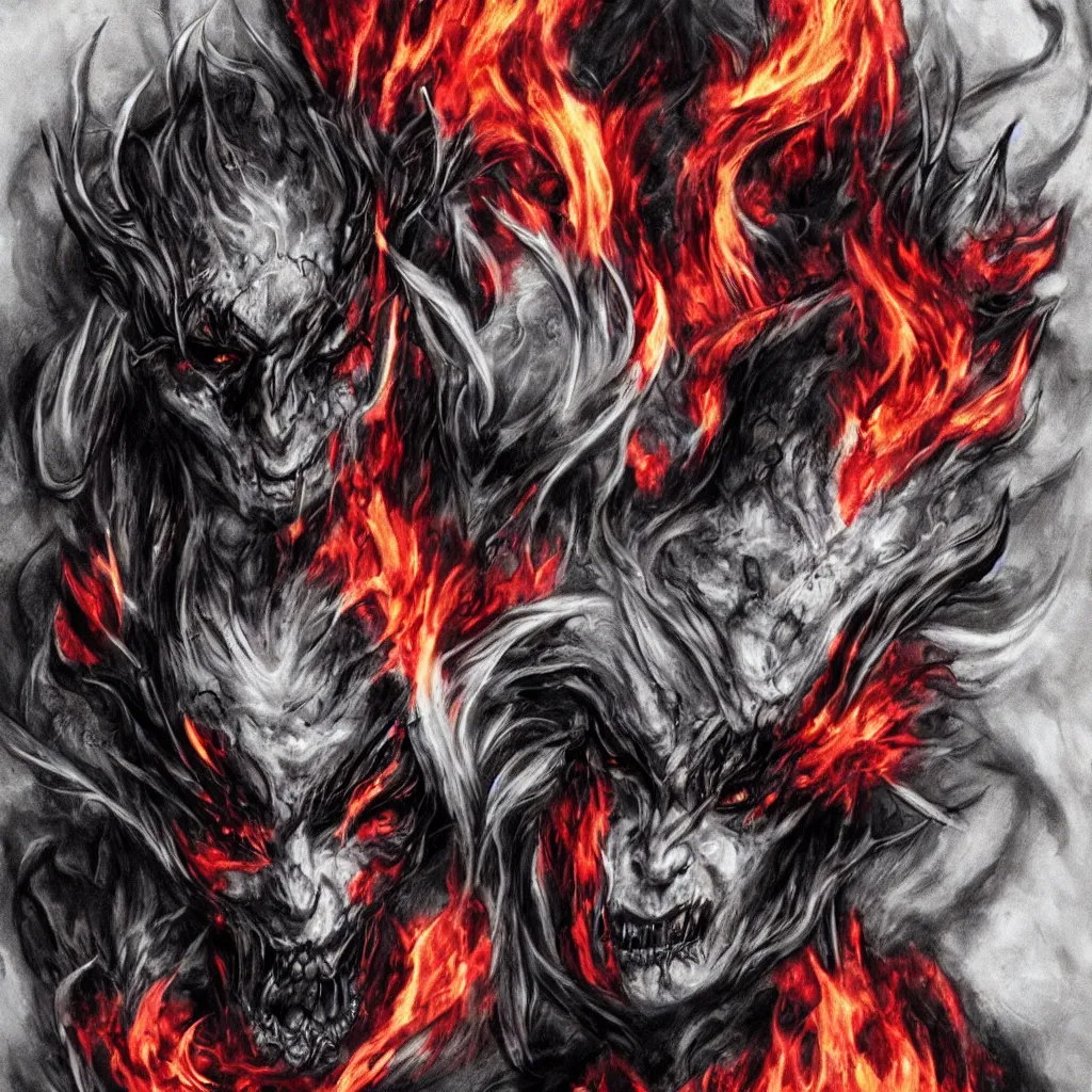 Image similar to fire demons, white hair, tattoos, black eyes, red eyes, smoke, details, high detail, fire, lots of definition, evil, dark, misery, horror style