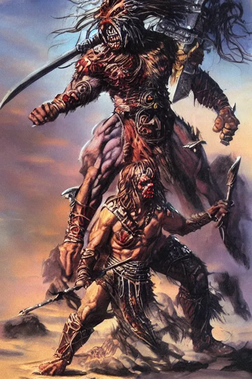 Image similar to the undead barbarian warrior fights a god, concept art by boris vallejo and michael whelan