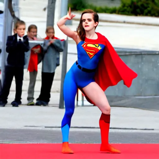 Prompt: emma watson in a superman costume doing a split