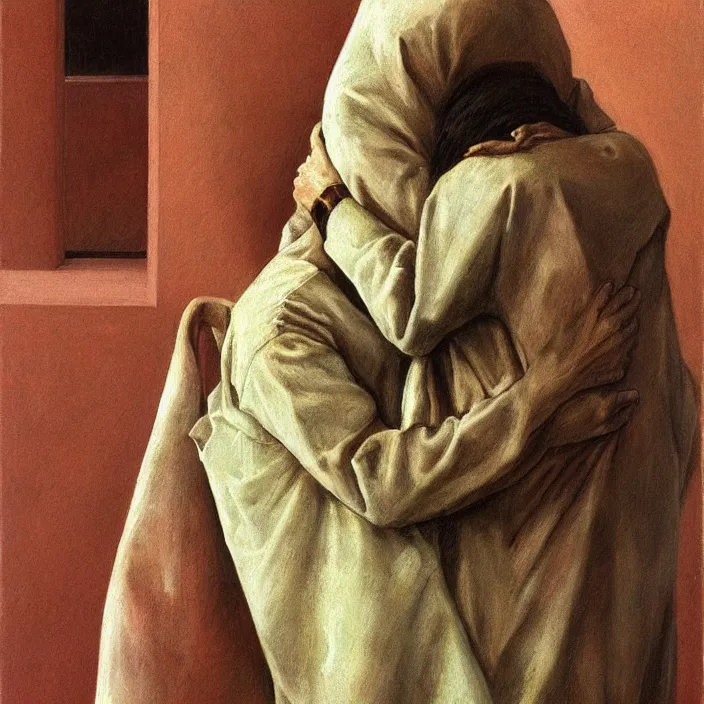 Image similar to two women hugging with a paper bag over the head, dressed in plastic bags, highly detailed, artstation, art by (((zdislav beksinski))), wayne barlowe, edward hopper