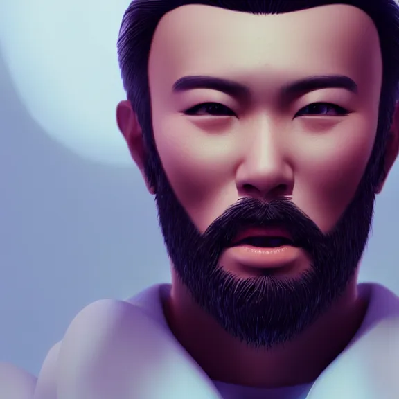Prompt: a portrait of a shiny glowing heavenly asian man with white beard, night, 8 k, octane render, artstation, digital art.