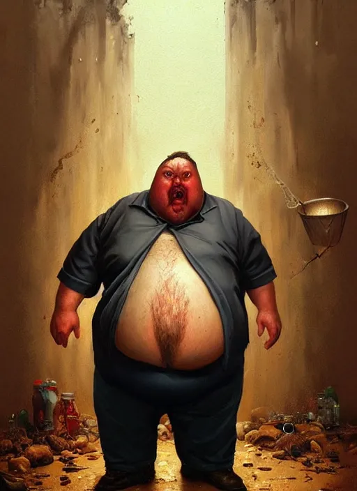 Prompt: an angry fat man from alabama wallowing in a pit of gravy, stunning painting, elegant intricate digital painting artstation concept art by mark brooks and brad kunkle and norman rockwell, extreme detailed