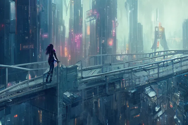 Prompt: a beautiful picture of a girl standing on top of a bridge over a city, cyberpunk art by greg rutkowski and thomas kinkade, trending on artstation