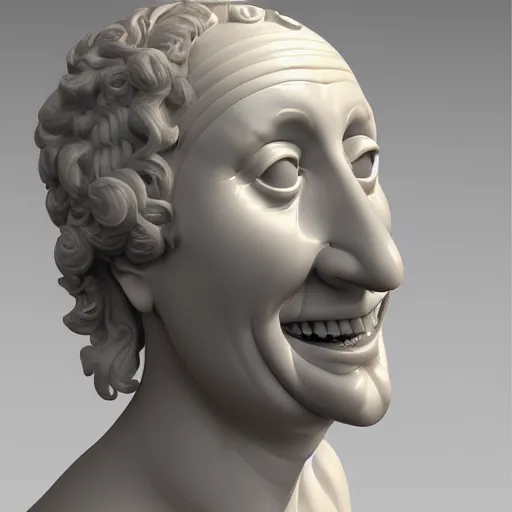 Prompt: a 3 d smiling model of a white marble human head in a renaissance style holding a coctail, digital illustration, 3 d render, above the waist