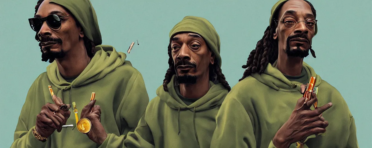 Image similar to duotone olive illustration 3 / 4 portrait of snoop dogg smoking joints with gandalf and elon musk composition accidental renaissance golden ratio. by sachin teng and sergey kolesov and ruan jia and heng z. graffiti art, scifi, fantasy, hyper detailed. octane render. concept art. trending on artstation