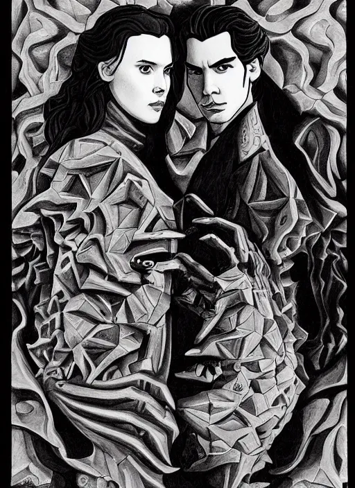 Prompt: reylo in the style of m. c. escher