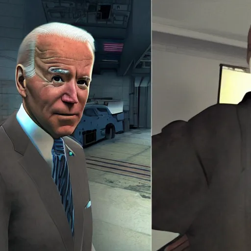 Image similar to joe biden in half life alyx ending scene with gman, half life ending screenshot