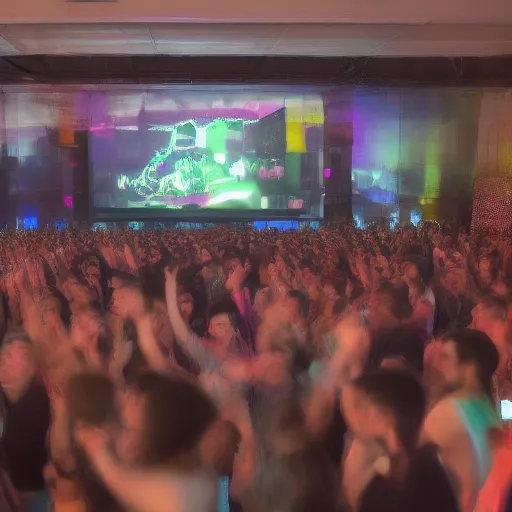 Image similar to A professional event protographer's photo of an Algorave event, taken from aside the podium of the event venue. In frame is a partying crowd and in the front right we see two livecoding artists and a very bright big screen with livecoded visuals projected on it. Focus on the performing artists and the faces of the people in the crowd. Extremely detailed faces. 8k resolution, octane renderer