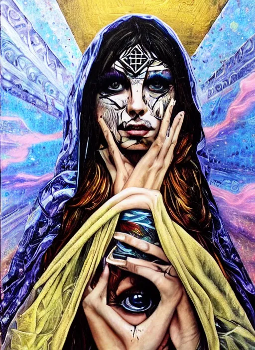 Prompt: tripping cult magic psychic woman, subjective consciousness psychedelic, epic occult ritual symbolism story iconic, dark robed witch, oil painting, robe, symmetrical face, greek dark myth, by Sandra Chevrier, masterpiece