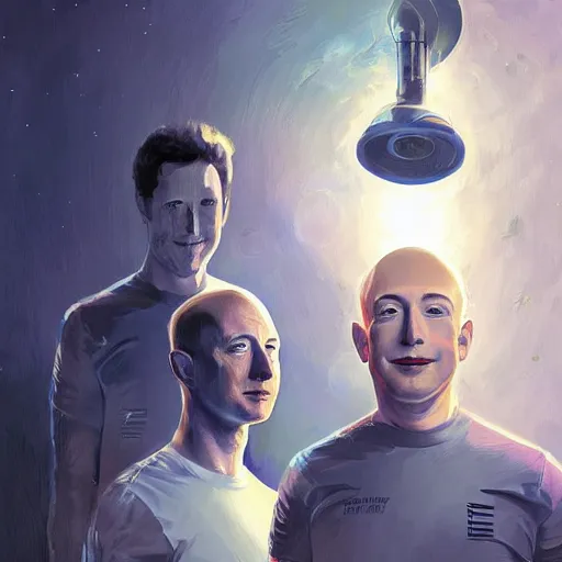 Image similar to portrait of elon musk, mark zuckerberg and jeff bezos together looking at earth, very detailled, art contest winner on behance, trendy on deviant art, by by artgem, greg rutkowski