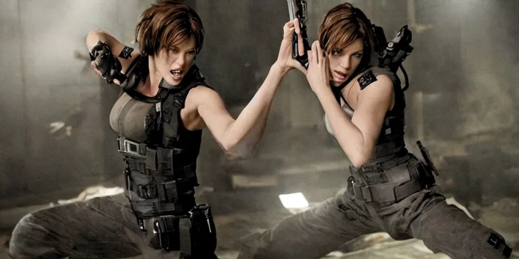 Prompt: mika jovovich in resident evil doing kung fu stunts