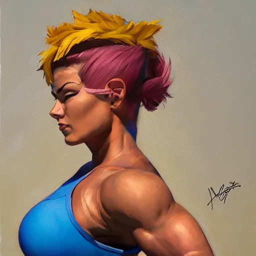 Prompt: greg manchess portrait of thick muscular weightlifter zarya from overwatch with ponytail wearing beach hat, medium shot, asymmetrical, profile picture, organic painting, sunny day, matte painting, bold shapes, hard edges, street art, trending on artstation, by huang guangjian and gil elvgren and sachin teng