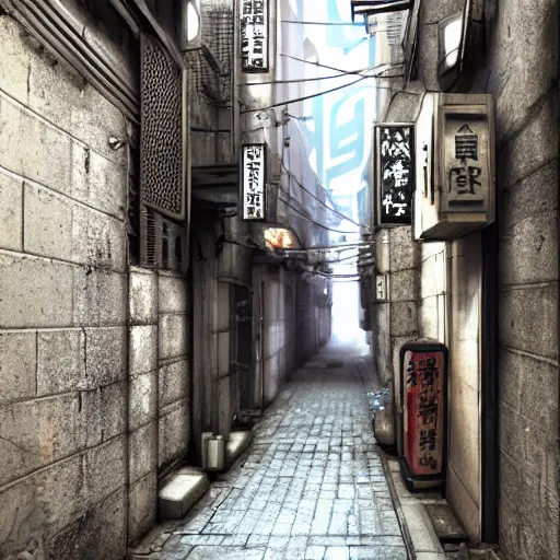 Prompt: a narrow alley with a sign in the middle of it, cyberpunk art by pan tianshou, cgsociety contest winner, shin hanga, unreal engine 5, rendered in unreal engine, world captured through photogrammetry and dissolved with real - time vfx art by ruben fro