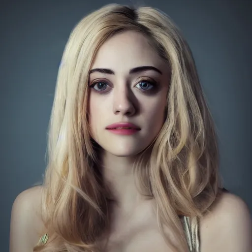 Image similar to blonde eyebrows Emmy Rossum, realistic, photo studio, HDR, 8k, trending on artstation