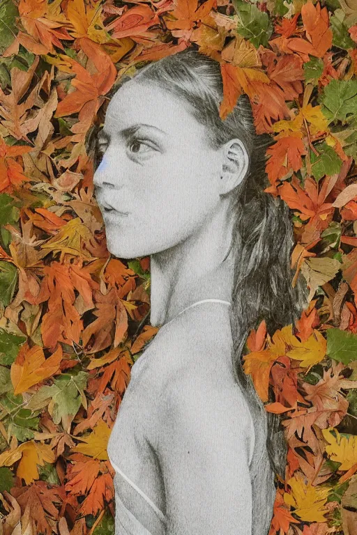 Image similar to a portrait of a girl wearing a dress made up of leaves