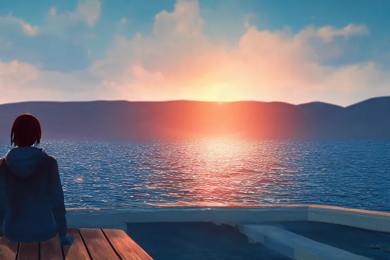 Image similar to a photo of max caulfield watching sunset on the sea, hyperrealistic, cinematic, 8 k, highly detailed, ue 5