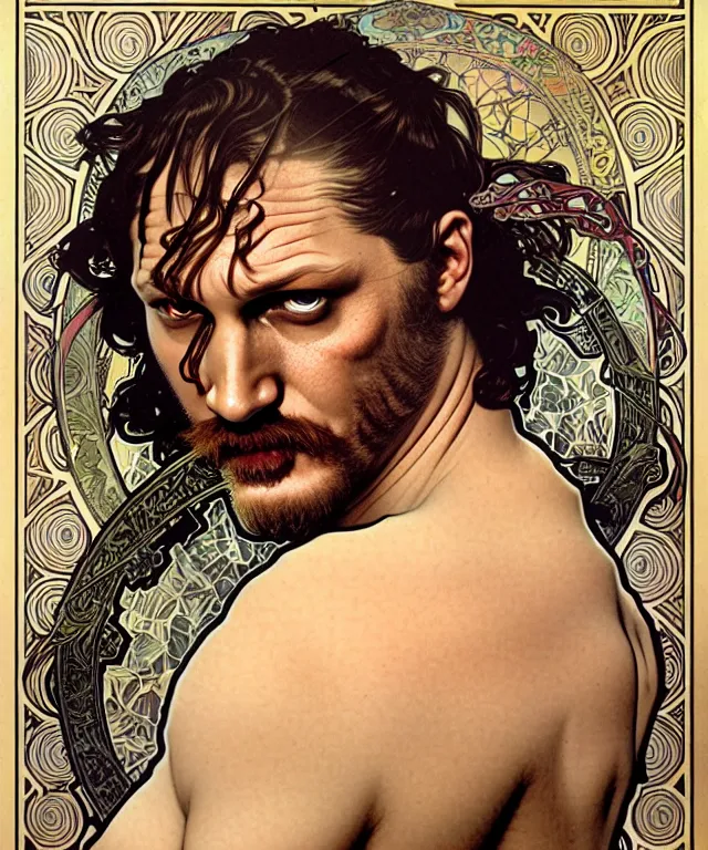 Prompt: realistic detailed head and shoulders portrait of tom hardy by alphonse mucha, ayami kojima, amano, greg hildebrandt, and mark brooks, male, art nouveau, neo - gothic, gothic