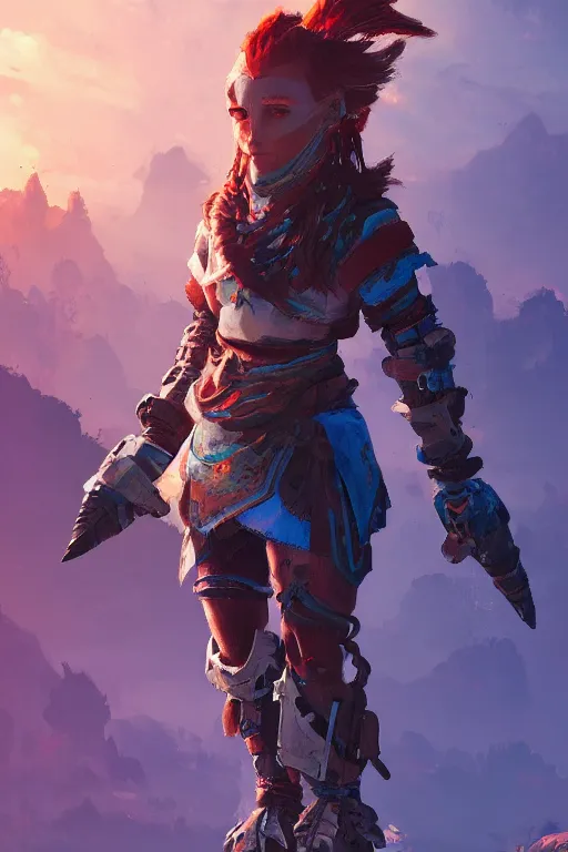 Image similar to combination suit armor aloy horizon forbidden west horizon zero dawn radiating a glowing aura global illumination ray tracing hdr fanart arstation by ian pesty and alena aenami artworks in 4 k tribal robot ninja mask helmet backpack