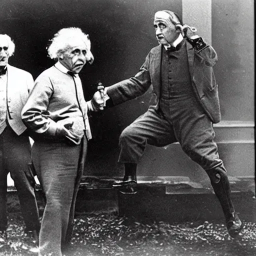 Image similar to vintage photo of Einstein and Thomas Alva Edison fighting