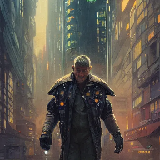 Prompt: robin williams dressed as a bladerunner, sci fi, intricate, viewed from far away, cyberpunk, rainny city streets, highly detailed, digital painting, artstation, concept art, matte, sharp focus, illustration, art by greg rutkowski and alphonse mucha