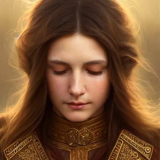 Image similar to brown haired mage medium portrait, gentle, female, city landscape, norway, d & d, fantasy, intricate, elegant, highly detailed, digital painting, brown and gold color palette, artstation, octane render, concept art, matte, sharp focus, illustration, herrarthstone, art by artgerm and greg rutkowski and alphonse mucha