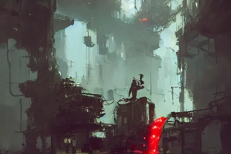 Image similar to The steampunk Detective wearing a red tie is transported via portal into a futuristic world locked down under military martial law, hyperdetailed artstation, concept art, by Ismail Inceoglu, by Greg Rutkowski, by Stephan Martiniere