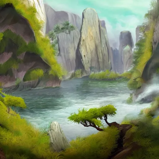 Image similar to painting of a lush natural scene on an alien planet trending on artstation. beautiful landscape. weird vegetation. cliffs and water.