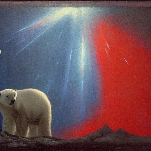 Prompt: the epic abstract painting'blue arctic void with black and red aurora borealis above a tiny polar bear family ', by caspar david friedrich!!!, by rothko!!!, stunning masterpiece, trending on artstation