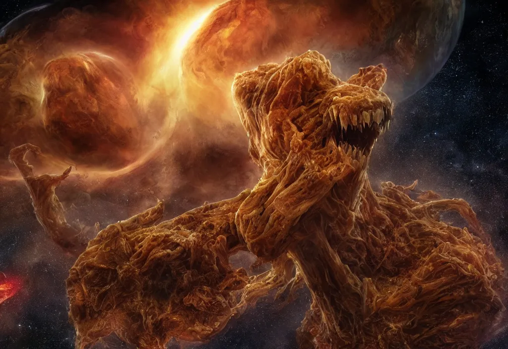 Image similar to eldritch horror bloody garfield in space, hd, 8 k, giant, epic, realistic photo, unreal engine, stars, prophecy, powerful, cinematic lighting, destroyed planet, debris, violent, sinister, ray tracing, dynamic, epic composition, dark, horrific, teeth, grotesque, monochrome drawing, hellscape, death, corpses, foreboding