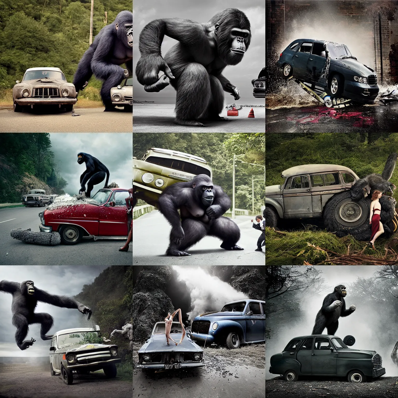 Prompt: King Kong crushes a car, photography by Julia Fullerton-Batten