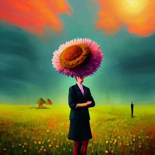 Image similar to giant daisy flower head, frontal, woman in a suit, surreal photography, sunrise, dramatic light, impressionist painting, digital painting, artstation, simon stalenhag