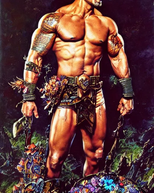 Prompt: portrait of a skinny punk dwayne johnson wearing armor by simon bisley, john blance, frank frazetta, fantasy, thief warrior, floral flowers colorful