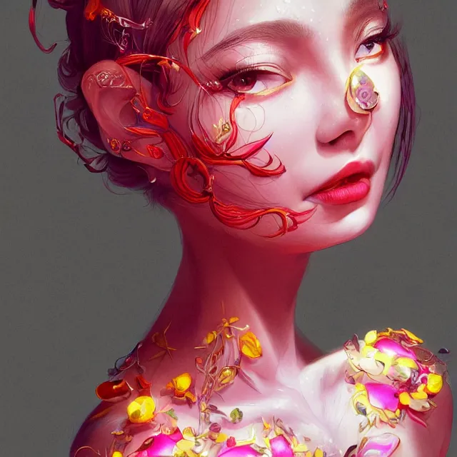 Image similar to studio portrait absurdly beautiful, elegant, lovely, young hypercolorful sensual gravure idol rubies red petals gems, ultrafine hyperrealistic detailed face illustration by kim jung gi, irakli nadar, intricate linework, sharp focus, bright colors, matte, octopath traveler, final fantasy, unreal engine highly rendered, global illumination, radiant light, intricate rainbow environment