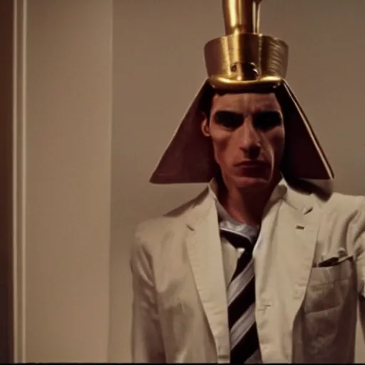 Prompt: An egyptian pharaoh as The American Psycho, cinematic still, staring intensely, dramatic moment