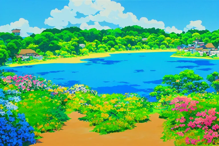 Image similar to landscape of peaceful village with azure blue lake, studio ghibli, anime background, gouche painting, lively colors