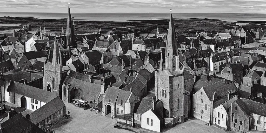 Prompt: a photograph of Kirkwall cathedral, orkney islands, small houses, crowds, high contrast, black and white, by bill brandt