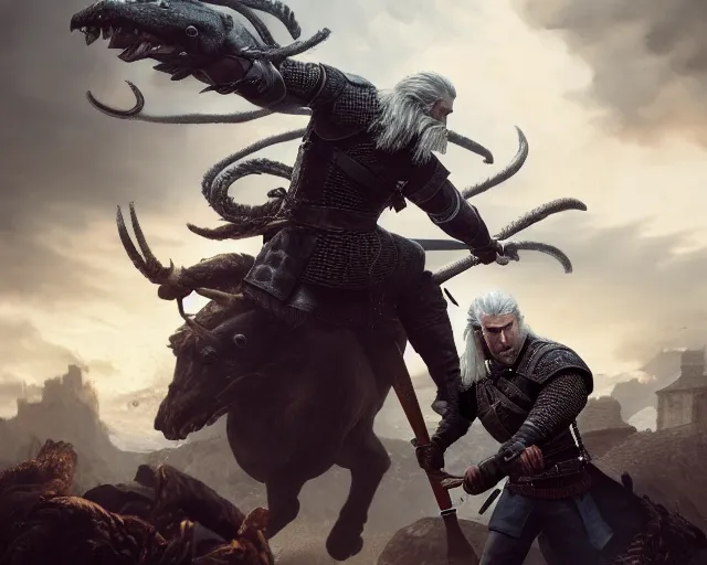 Prompt: 5 5 mm portrait photo of geralt fighting a 5 headed hydra. magical atmosphere. art by greg rutkowski. highly detailed 8 k. intricate. lifelike. soft light. nikon d 8 5 0.