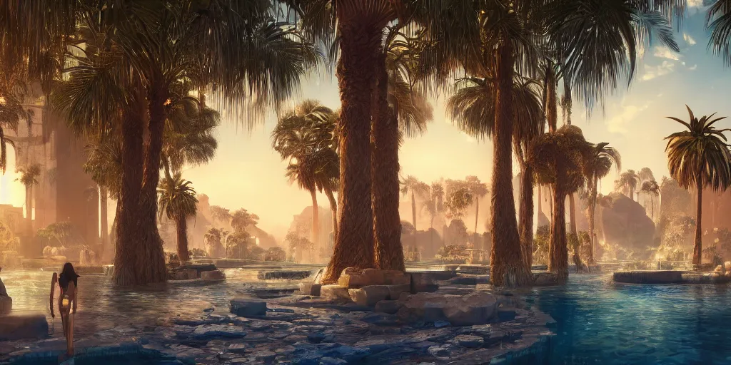 Image similar to beautiful oasis waterfalls surrounded by palm trees moroccan tile archways, date trees, ivory towers sunset peter morbacher ross tran angelarium greg rutkowski alchemy luxury heavenly light soft illumination, trending on artstation cinematic lighting digital painting octane render, artgerm