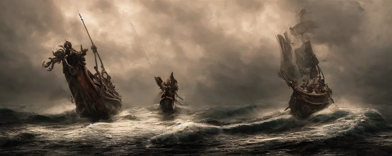 Image similar to viking ship, ocean, storm, intricate, detailed, volumetric lighting, scenery, digital painting, highly detailed, artstation, sharp focus, illustration, concept art, ruan jia, steve mccurry