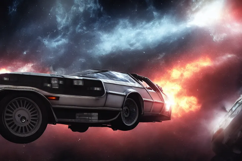 Image similar to ultra realistic delorean dmc 5 drifting on an ancient space highway wreckage in space, dark cinematic, volumetric, realistic, 3 d render, realistic render, cinematic lighting, volumetric lighting, atmospheric, cinematic, unreal engine 5, unreal engine render, octane render, hd, photorealism, hyper realistic, photo, 8 k