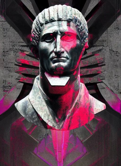 Image similar to design poster showing a statue of julius caesar, black background with very subtle red and purple design elements, powerful, nekro, guido crepax, graphic design, collage art, thin lines, dark, glitch art, neo vaporwave, gritty, layout frame, square, trending on artstation