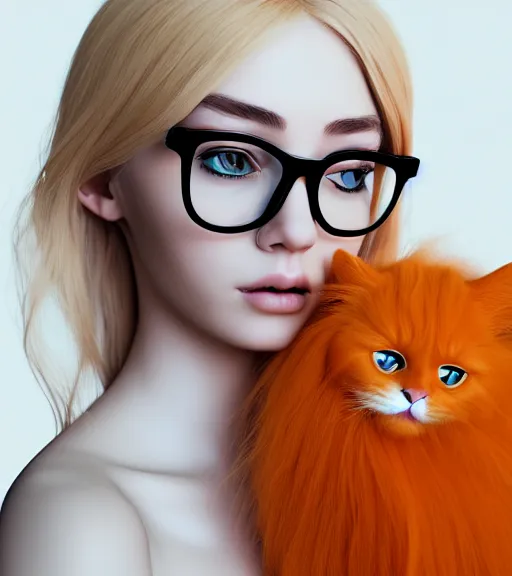 Prompt: award winning art of a beautiful detailed young woman with long blonde hair and a fringe, wearing thin large round glasses, wearing dark clothing, holding a very large fluffy orange and white cat, trending artstation, digital art, award winning art, aesthetic, 4K, realistic, octane render, Photograph