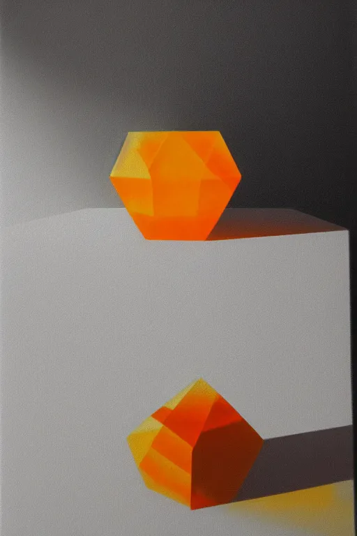 Image similar to a giant cubic orange and yellow crystal on a white table near a window at sunset, hyperrealistic, highly detailed, high qualit, 8K, godrays, warm lighting, path traced, high coherence, calm, macro photo, symmetrical, photorealistic, low contrast, serene landscape, beautiful, geometric