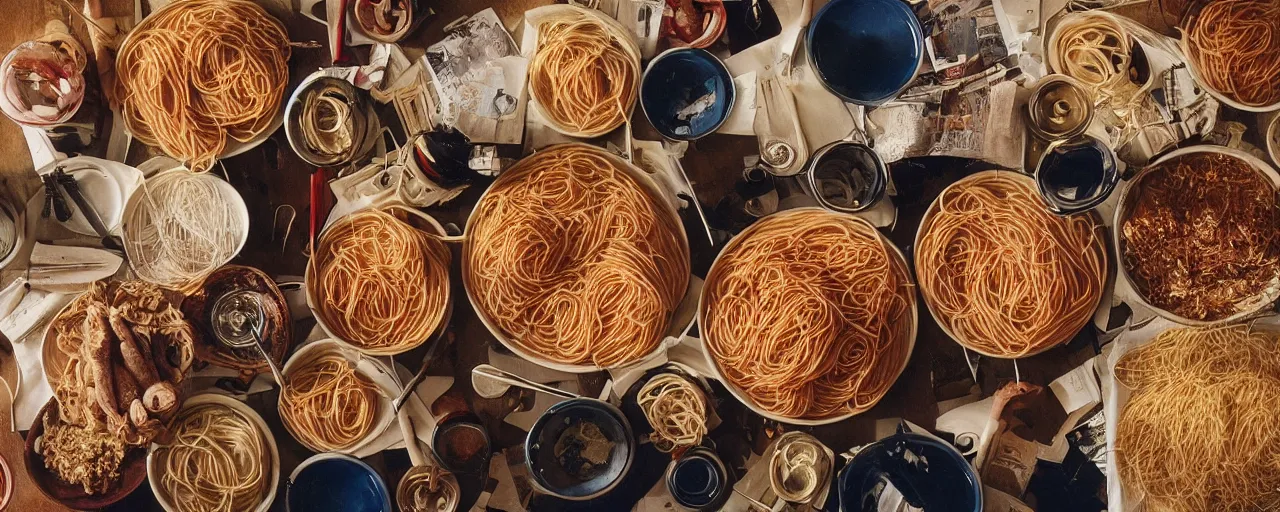 Image similar to famous moments in history that include spaghetti, small details, intricate, canon 5 0 mm, wes anderson film, kodachrome