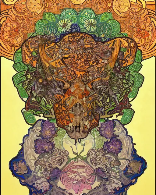 Image similar to Tiger skull art surrounded by varities of flowers, cell shading, voronoi, fibonacci sequence, sacred geometry by Alphonse Mucha, Moebius, hiroshi yoshida, Art Nouveau, colorful, ultradetailed, vivid colour, 3d