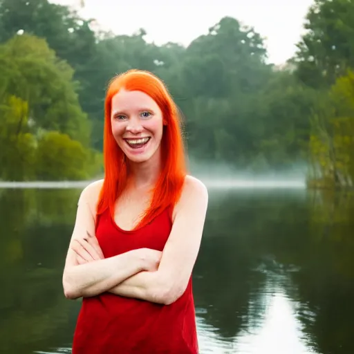 Prompt: tall beautiful red haired scottish woman, smiling on a raft in a lake, 4 k, early morning, mist, photorealism, professional photography